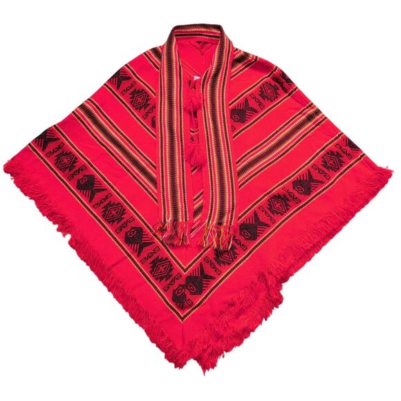 VTG Woven Poncho Cape Fringe Wrap Boho Andean Southwestern Wool Blend Cabincore - Picture 1 of 5